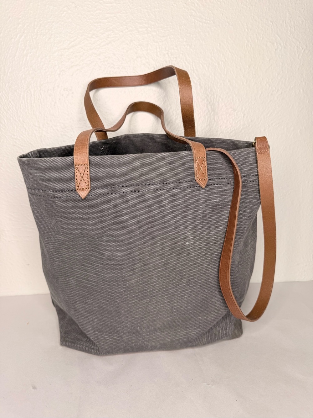 Madewell gray canvas tote bag tan leather straps